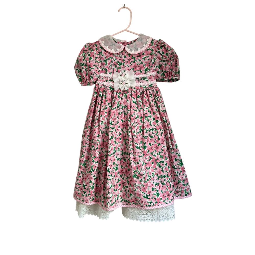 Bonnie Jean Vintage 1990s Pink Floral Lace and Bow Detailing Dress Size 4T
